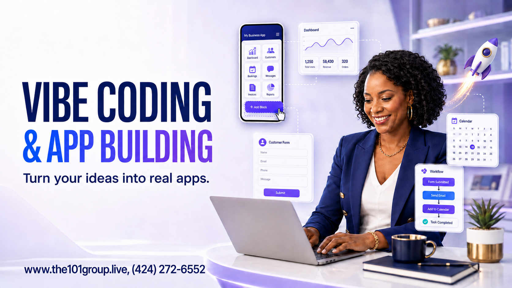 Vibe Coding and App Building: a professional woman working on a laptop surrounded by app interface mockups, customer forms, dashboards, calendars, and workflow automations