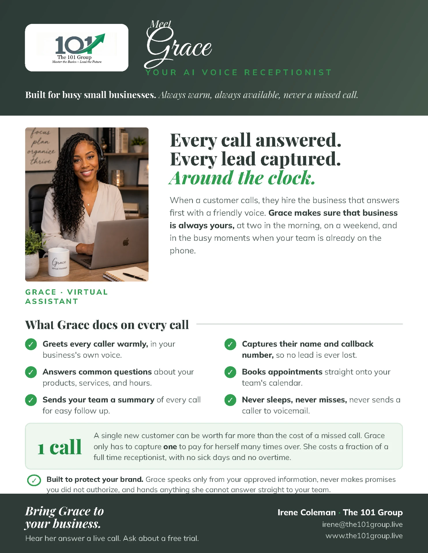Meet Grace flyer: Grace, your AI voice receptionist, answers every call and captures every lead around the clock for busy small businesses